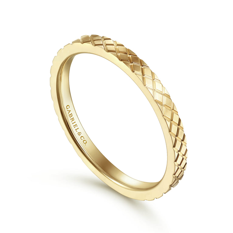 14K Yellow Gold Textured Checkered Stackable Ring - Shot 3
