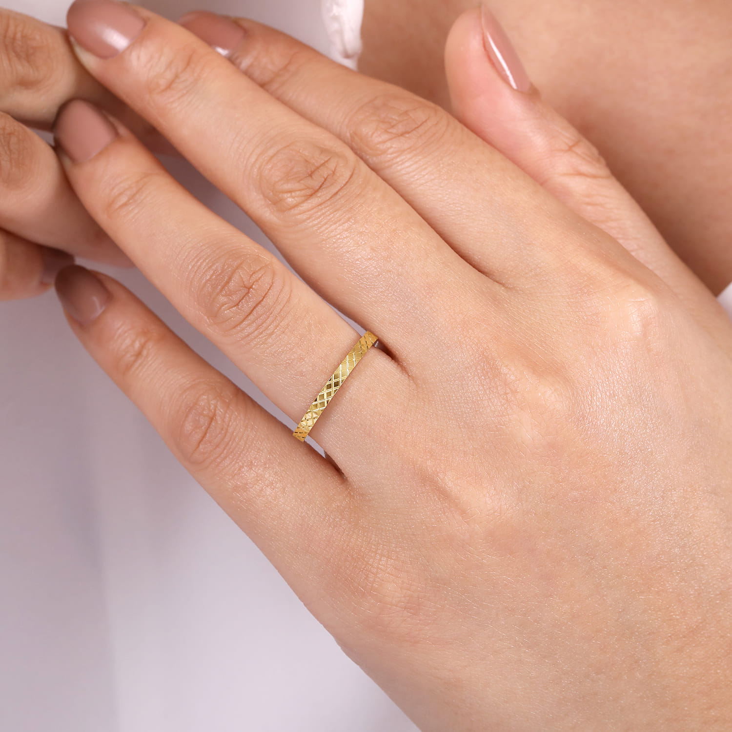 14K Yellow Gold Textured Checkered Stackable Ring - Shot 5