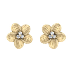 14K Yellow Gold Textured Flower and Diamond Stud Earrings