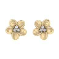 14K Yellow Gold Textured Flower and Diamond Stud Earrings