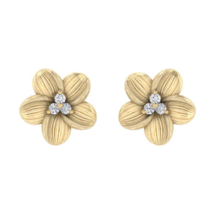 14K Yellow Gold Textured Flower and Diamond Stud Earrings