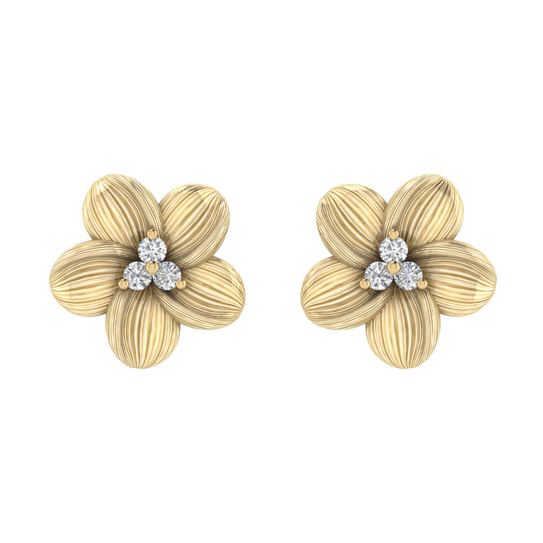 14K Yellow Gold Textured Flower and Diamond Stud Earrings - 0.08 ct - Shot 1