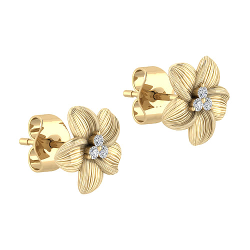 14K Yellow Gold Textured Flower and Diamond Stud Earrings - 0.08 ct - Shot 2
