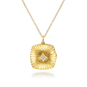 14K Yellow Gold Textured Locket Necklace with Diamond Center