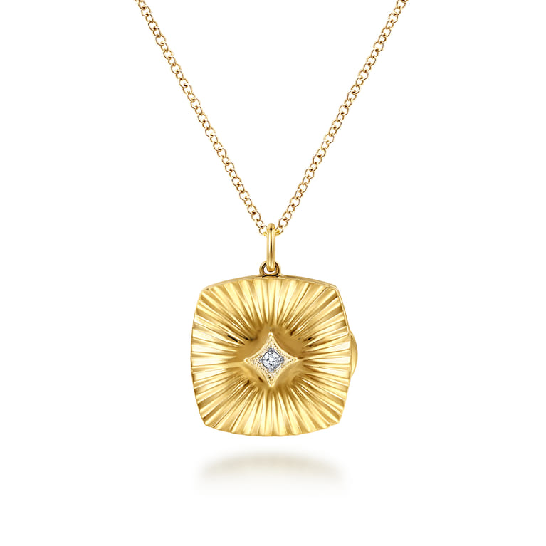 14K Yellow Gold Textured Locket Necklace with Diamond Center - 0.02 ct - Shot 1