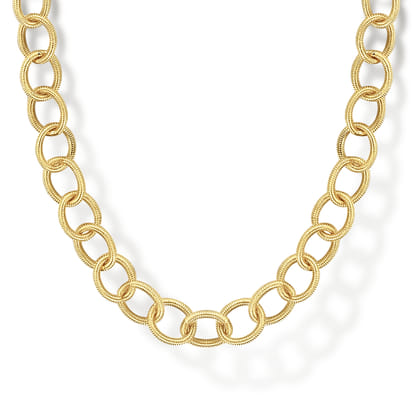 14K Yellow Gold Textured Oval Link Chain Necklace
