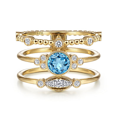 14K Yellow Gold Three Row Beaded Round Blue Topaz Ring