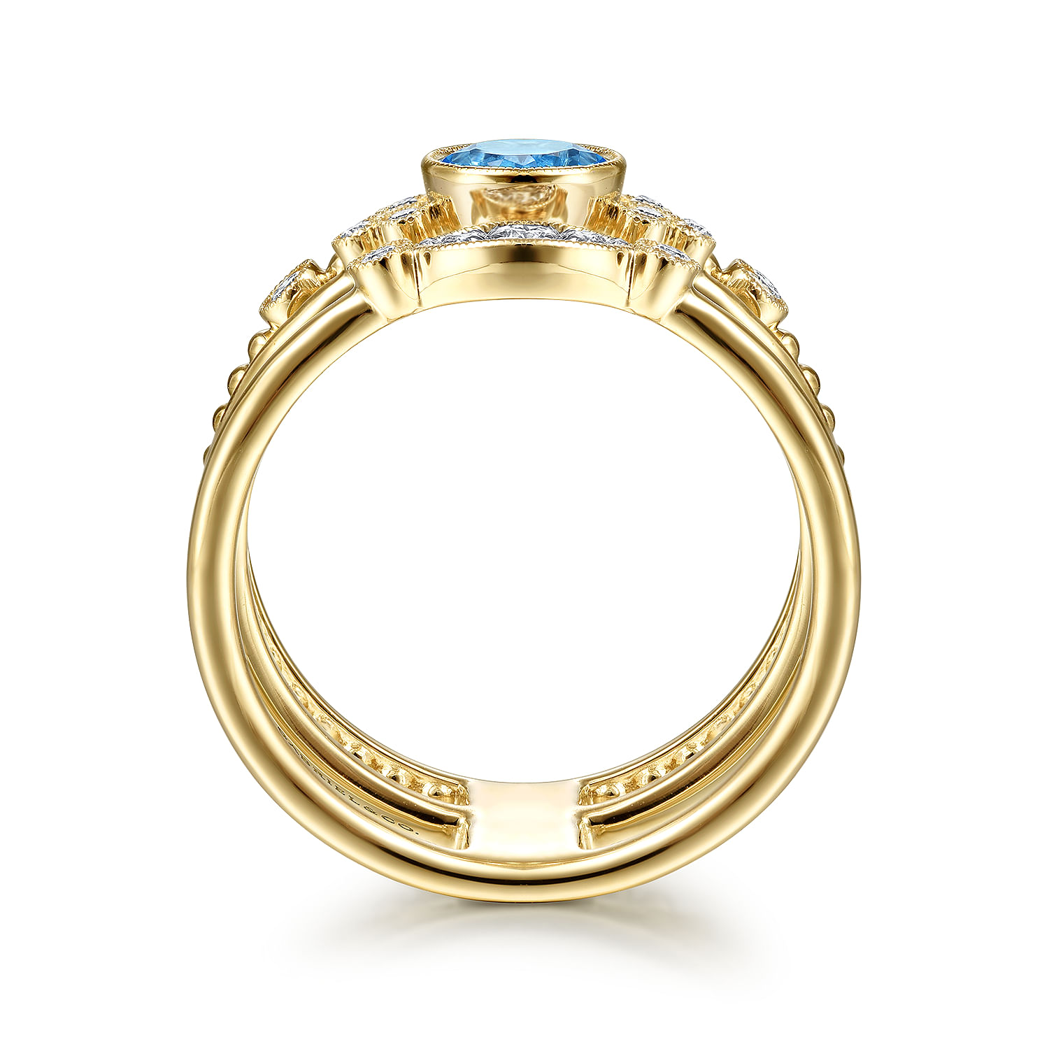 14K Yellow Gold Three Row Beaded Round Blue Topaz Ring