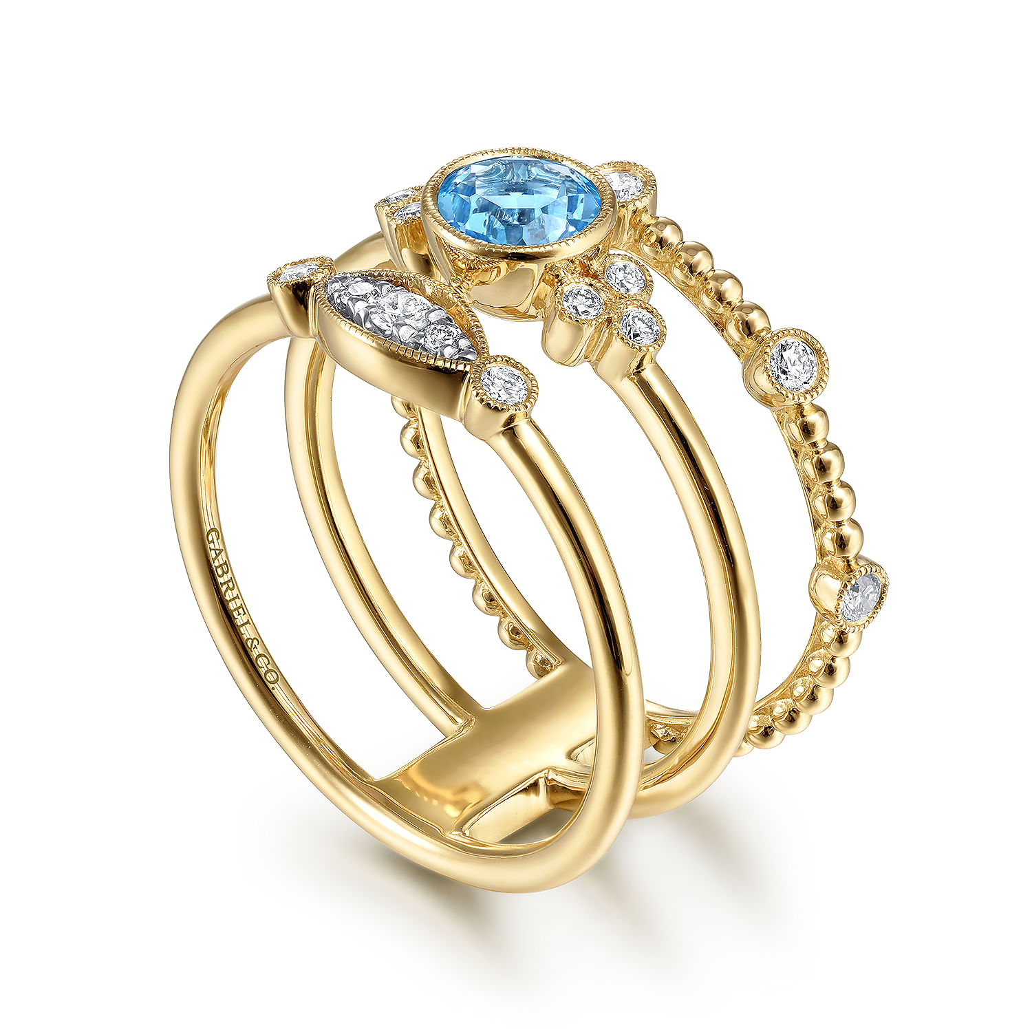 14K Yellow Gold Three Row Beaded Round Blue Topaz Ring