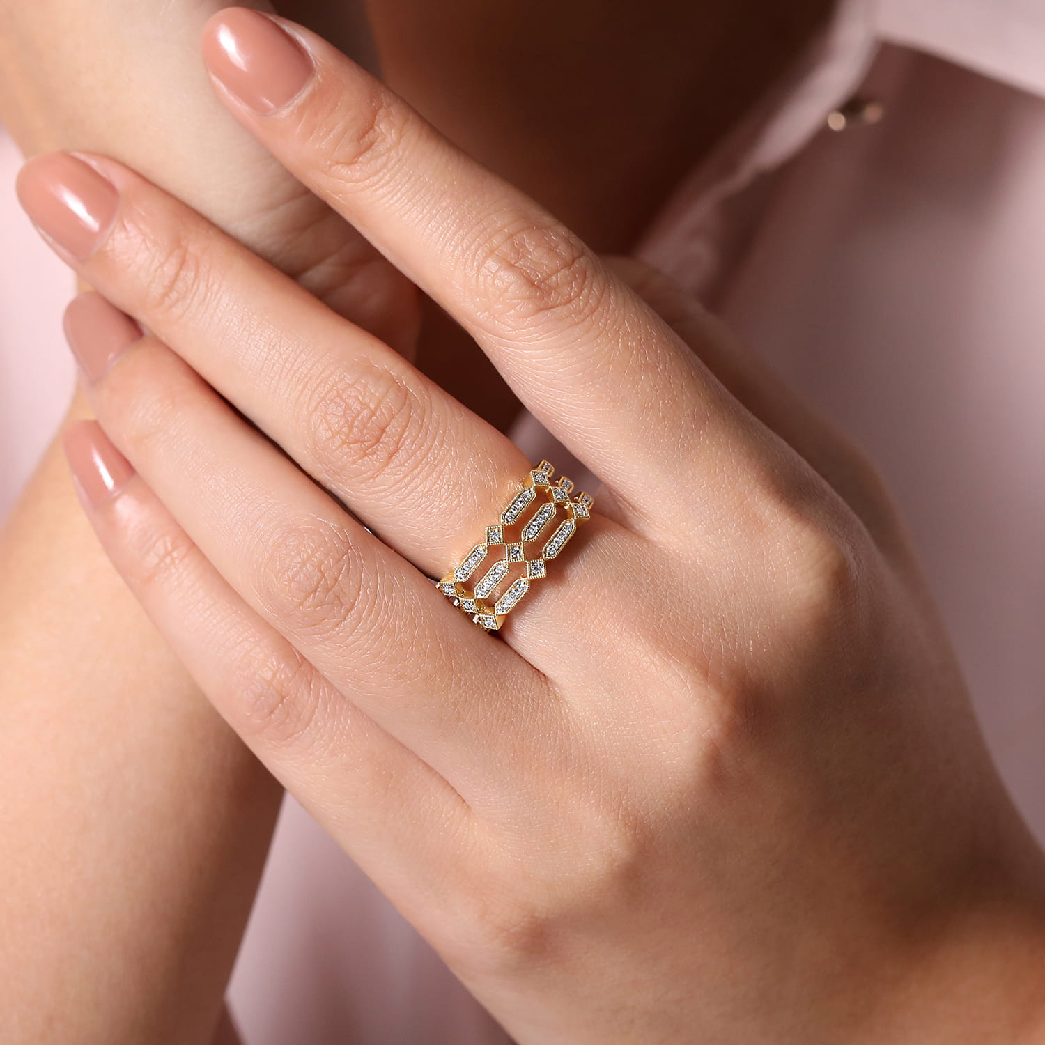 14K Yellow Gold Three Row Diamond Ring - 0.25 ct - Shot 5