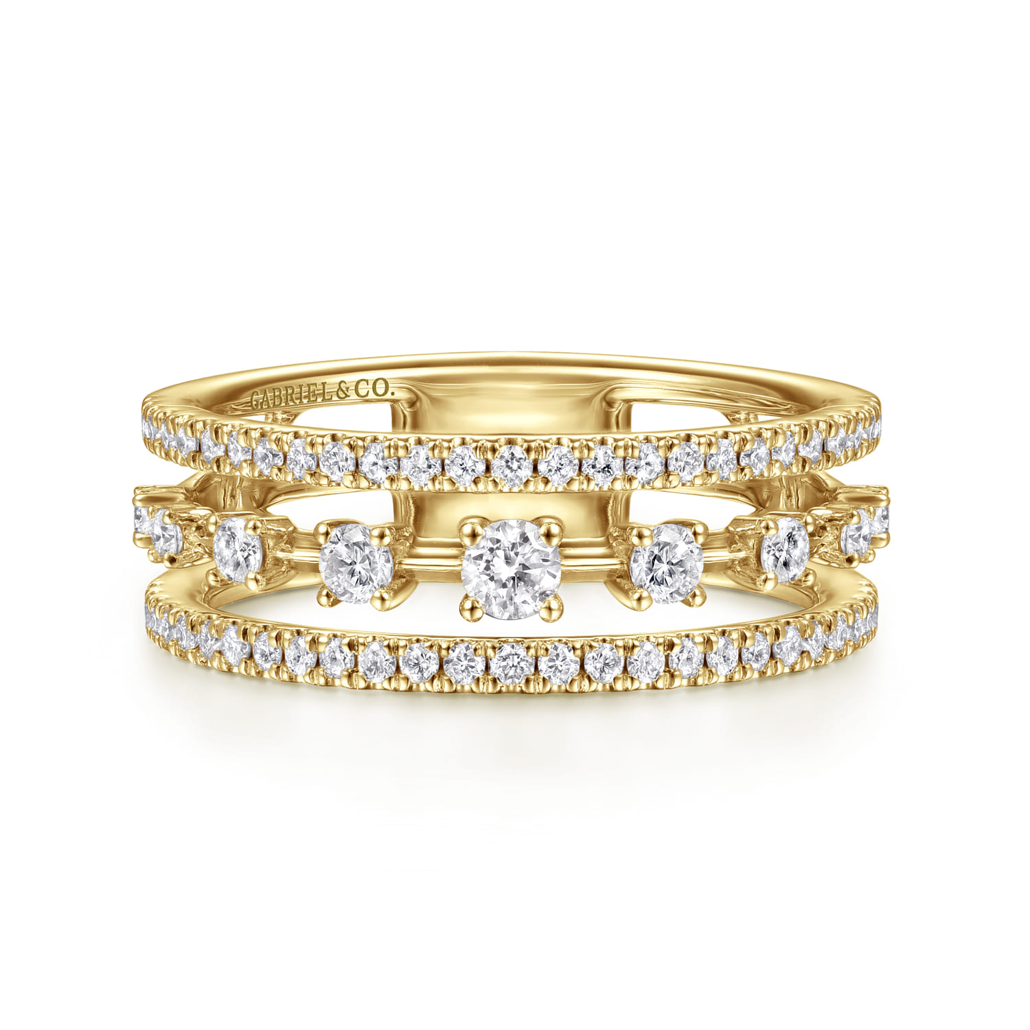14K Yellow Gold Three Row Diamond Station Ring - 0.5 ct - Shot 1