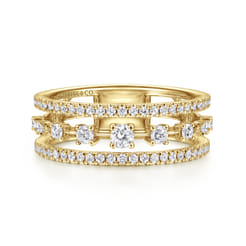 14K Yellow Gold Three Row Diamond Station Ring