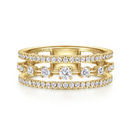 14K Yellow Gold Three Row Diamond Station Ring
