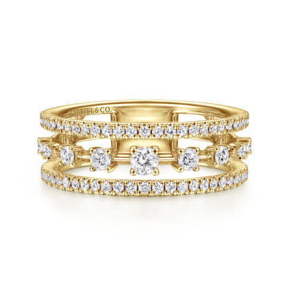 14K Yellow Gold Three Row Diamond Station Ring