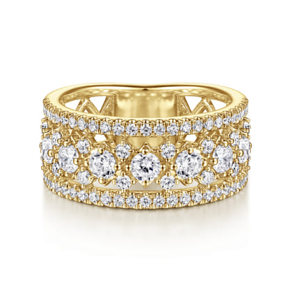 14K Yellow Gold Three Row Diamond Wide Band Ring
