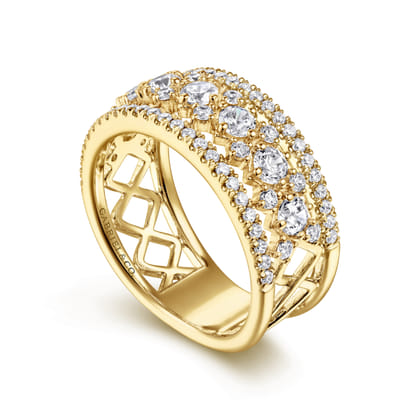 14K Yellow Gold Three Row Diamond Wide Band Ring