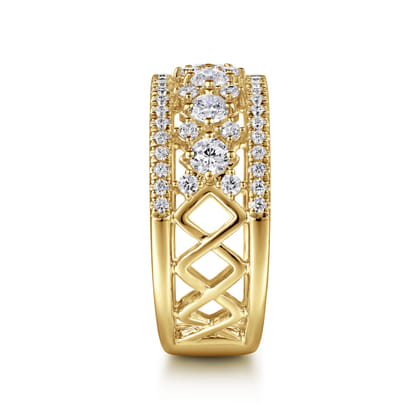14K Yellow Gold Three Row Diamond Wide Band Ring