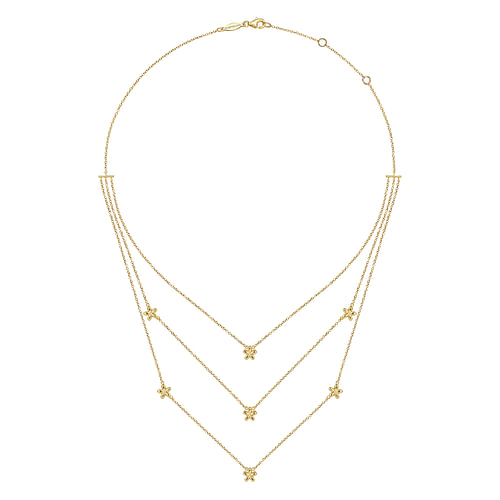 14K Yellow Gold Three Row Floral Drop Necklace - Shot 2