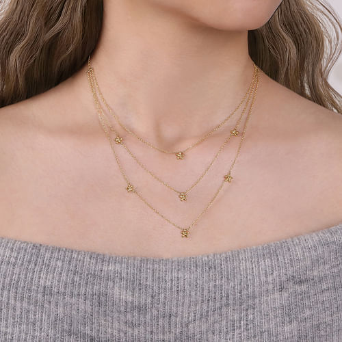 14K Yellow Gold Three Row Floral Drop Necklace - Shot 3