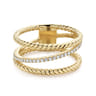 14K Yellow Gold Three Row Twisted Rope and Diamond Band Open Ring - 0.24 ct