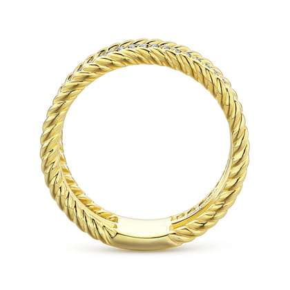 14K Yellow Gold Three Row Twisted Rope and Diamond Band Open Ring