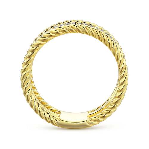 14K Yellow Gold Three Row Twisted Rope and Diamond Band Open Ring - 0.24 ct - Shot 2