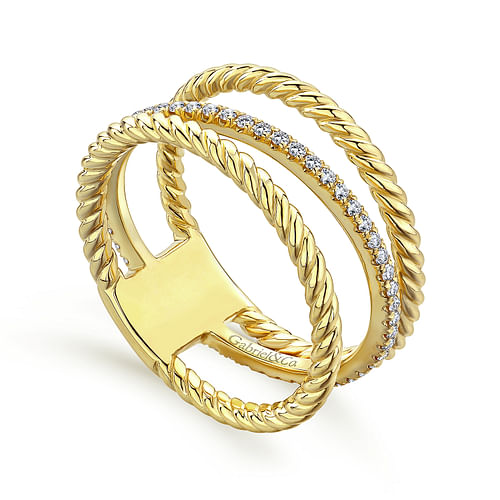 14K Yellow Gold Three Row Twisted Rope and Diamond Band Open Ring - 0.24 ct - Shot 3