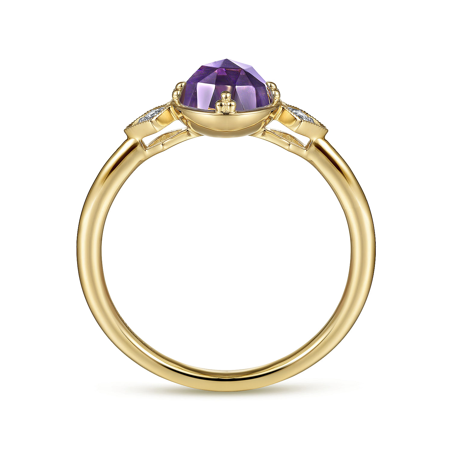 14K Yellow Gold Three Stone Amethyst and Diamond Ring