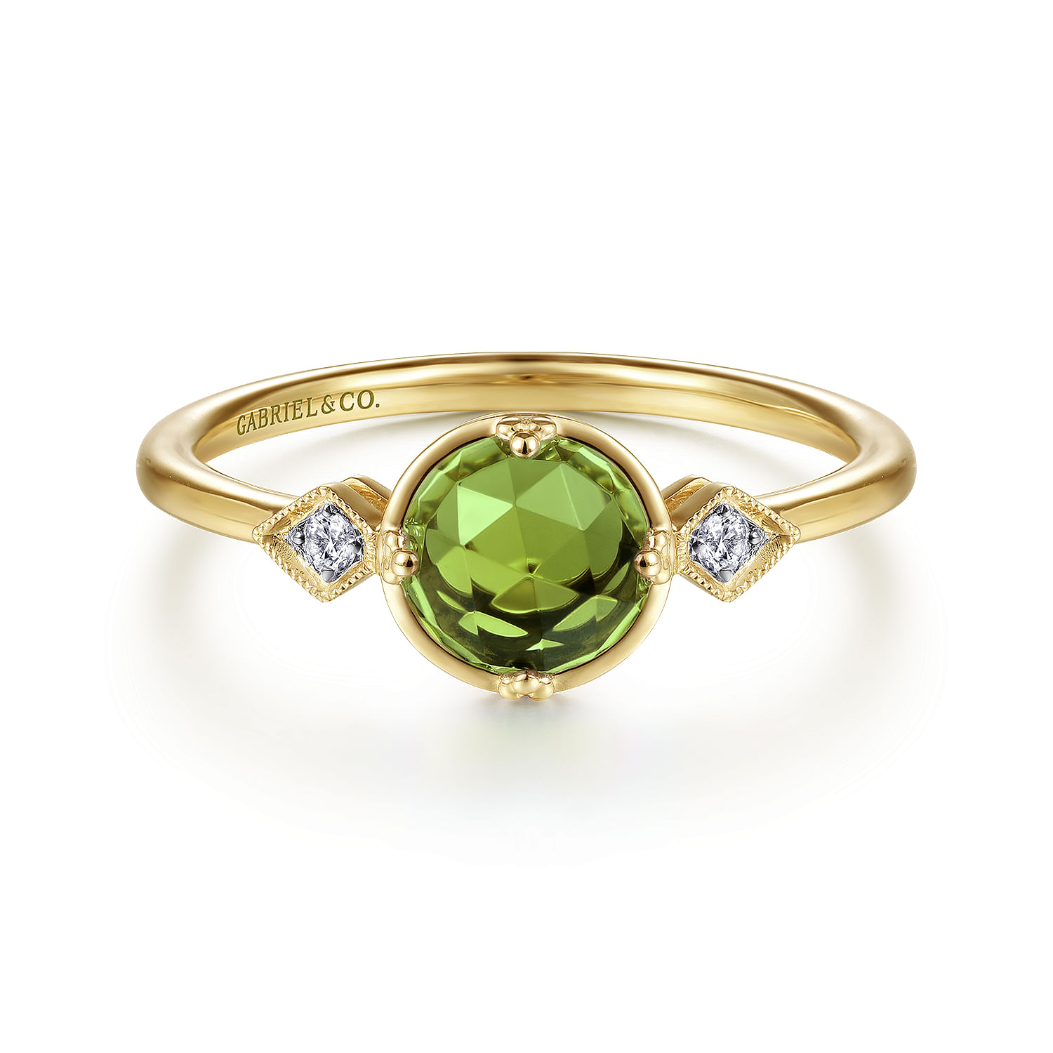 14K Yellow Gold Three Stone Peridot and Diamond Ring