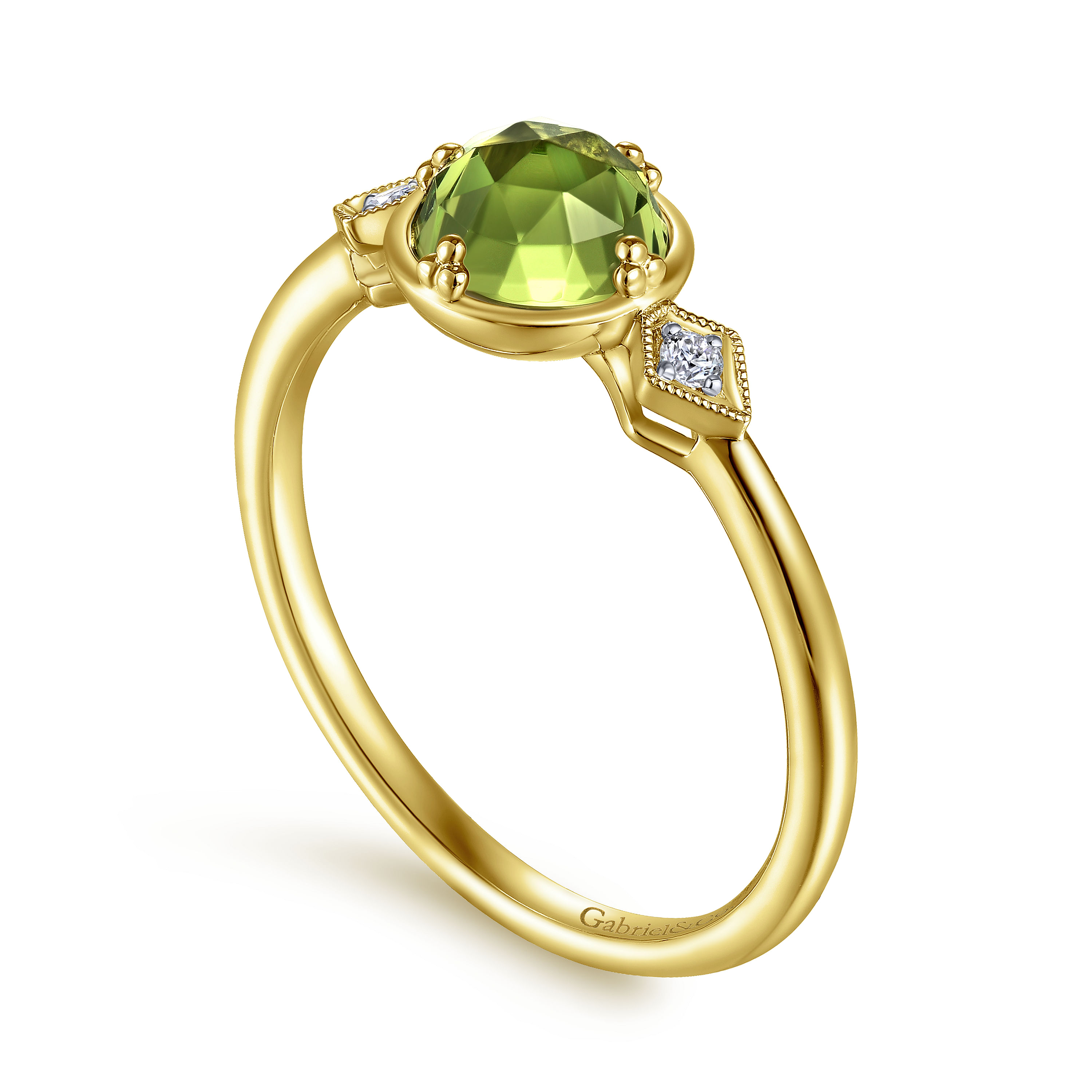 14K Yellow Gold Three Stone Peridot and Diamond Ring