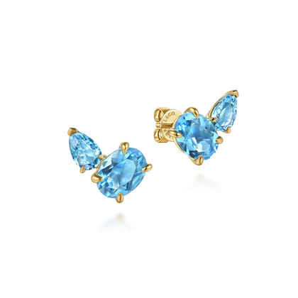 14K Yellow Gold Toi et Moi Blue Topaz Stud Earrings