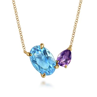 14K Yellow Gold Toi et Moi Blue Topaz and Amethyst Necklace