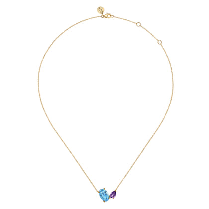 14K Yellow Gold Toi et Moi Blue Topaz and Amethyst Necklace