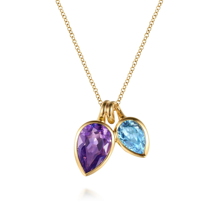 14K Yellow Gold Toi et Moi Blue Topaz and Amethyst Necklace - Shot 1