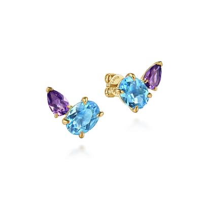 14K Yellow Gold Toi et Moi Blue Topaz and Amethyst Stud Earrings