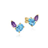 14K Yellow Gold Toi et Moi Blue Topaz and Amethyst Stud Earrings