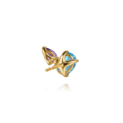 14K Yellow Gold Toi et Moi Blue Topaz and Amethyst Stud Earrings