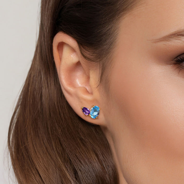 14K Yellow Gold Toi et Moi Blue Topaz and Amethyst Stud Earrings - Shot 4