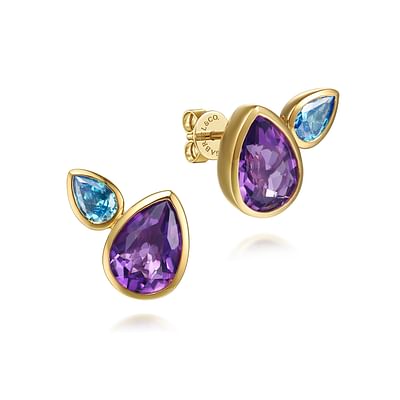 14K Yellow Gold Toi et Moi Blue Topaz and Amethyst Stud Earrings