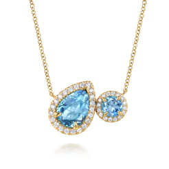 14K Yellow Gold Toi et Moi Blue Topaz and Diamond Halo Necklace