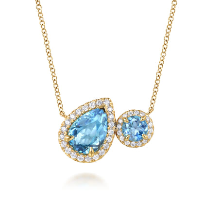 14K Yellow Gold Toi et Moi Blue Topaz and Diamond Halo Necklace