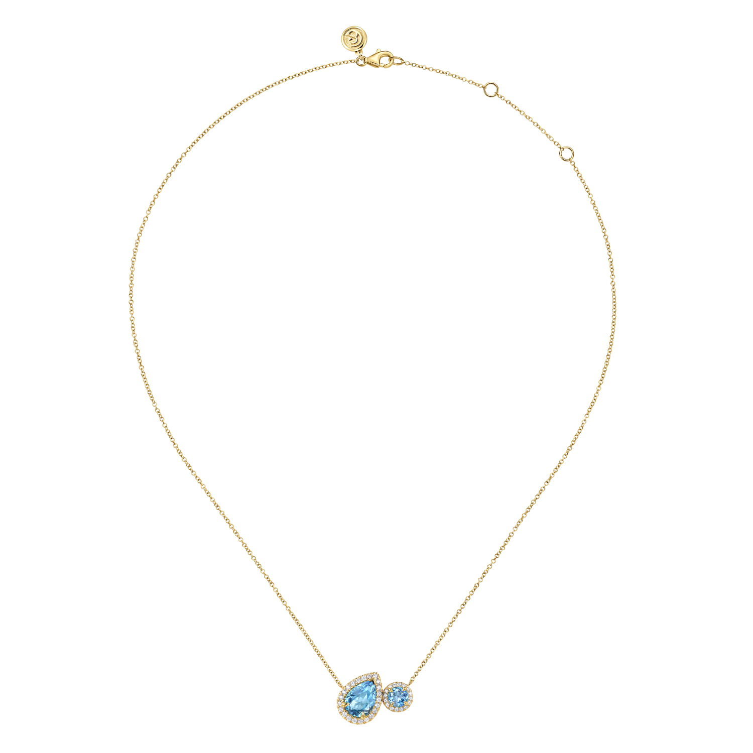14K Yellow Gold Toi et Moi Blue Topaz and Diamond Halo Necklace