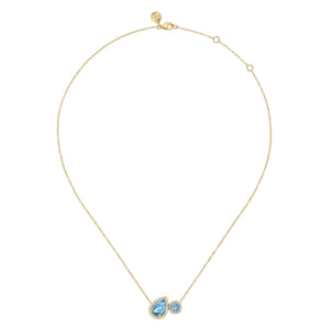 14K Yellow Gold Toi et Moi Blue Topaz and Diamond Halo Necklace