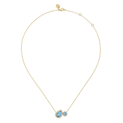 14K Yellow Gold Toi et Moi Blue Topaz and Diamond Halo Necklace