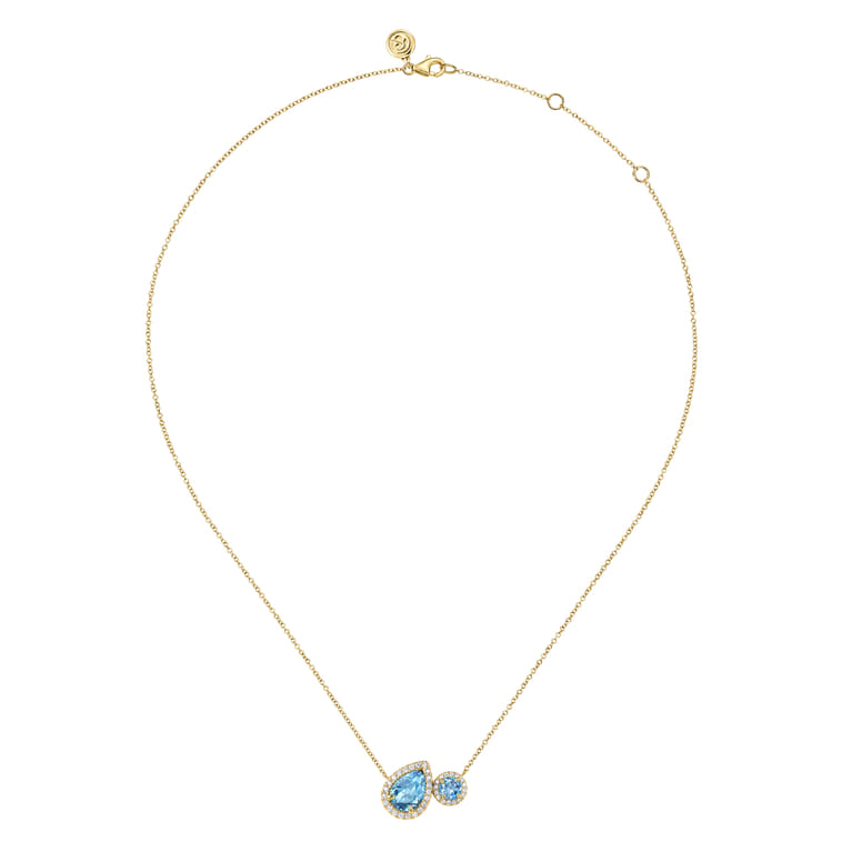14K Yellow Gold Toi et Moi Blue Topaz and Diamond Halo Necklace - 0.32 ct - Shot 2