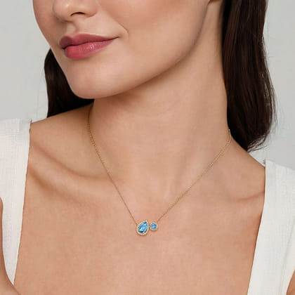 14K Yellow Gold Toi et Moi Blue Topaz and Diamond Halo Necklace