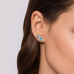 14K Yellow Gold Toi et Moi Blue Topaz and Diamond Halo Stud Earrings