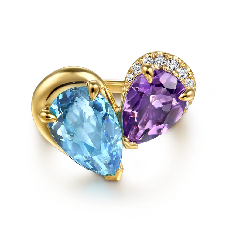 14K Yellow Gold Toi et Moi Diamond Blue Topaz and Amethyst Ladies Ring - 0.09 ct - Shot 1