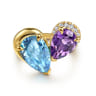 14K Yellow Gold Toi et Moi Diamond Blue Topaz and Amethyst Ladies Ring - 0.09 ct