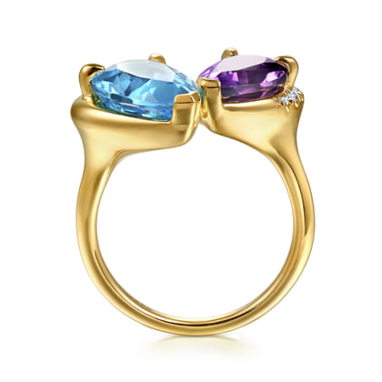 14K Yellow Gold Toi et Moi Diamond Blue Topaz and Amethyst Ladies Ring